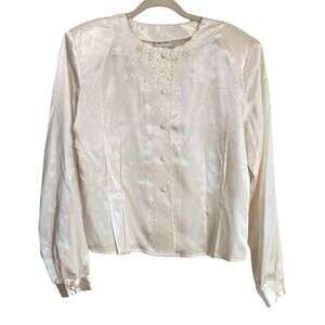 Vintage Deadstock Womens L Ivory Embroidered Satin Button Up Blouse Fairy Angel